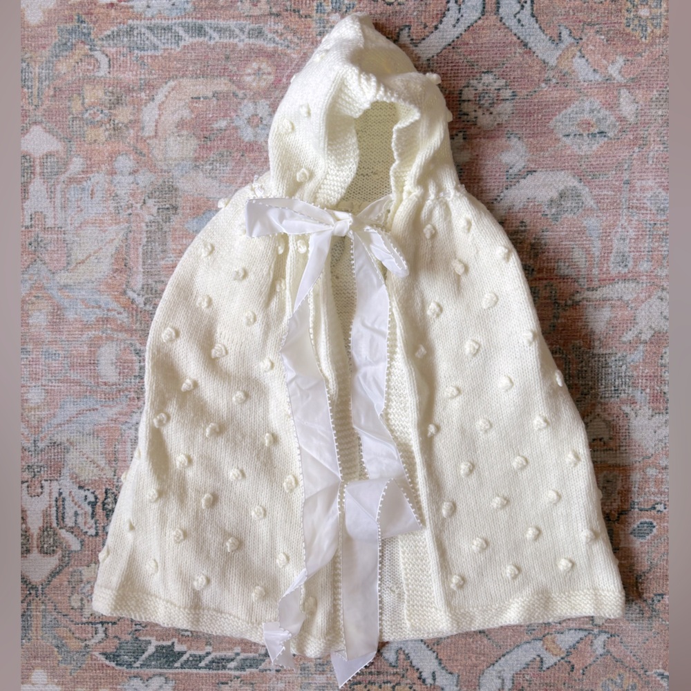 🌿👼 Vintage Handmade Knitted Baby Cape With Hood